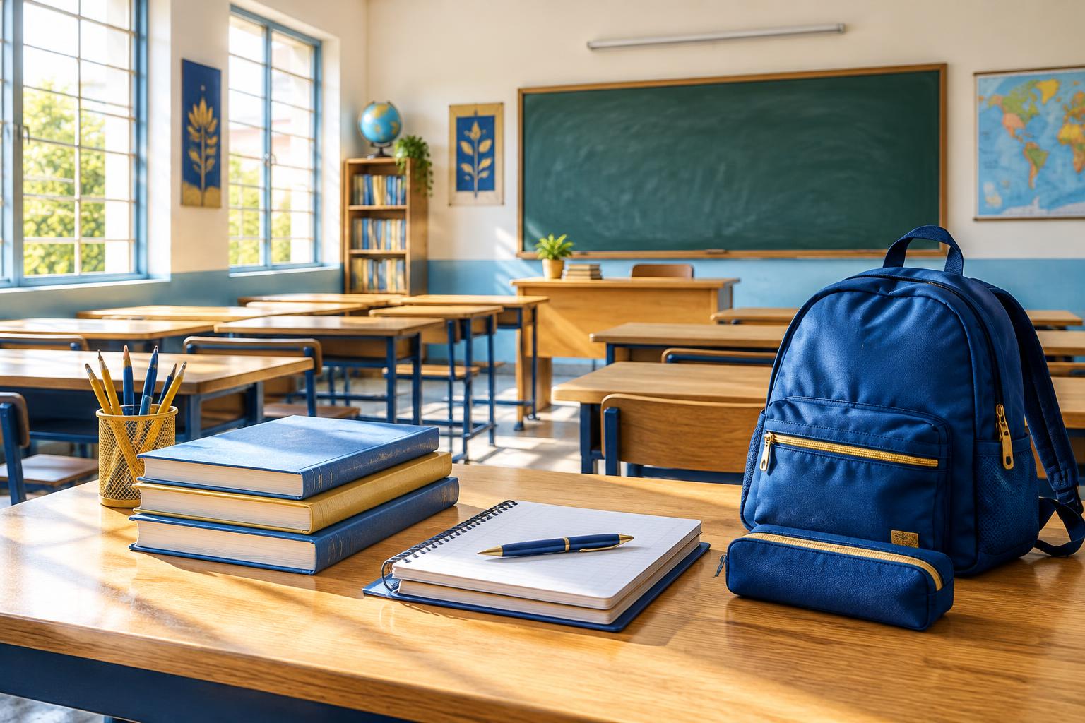 Books, notebooks and a school bag in a sunlit classroom