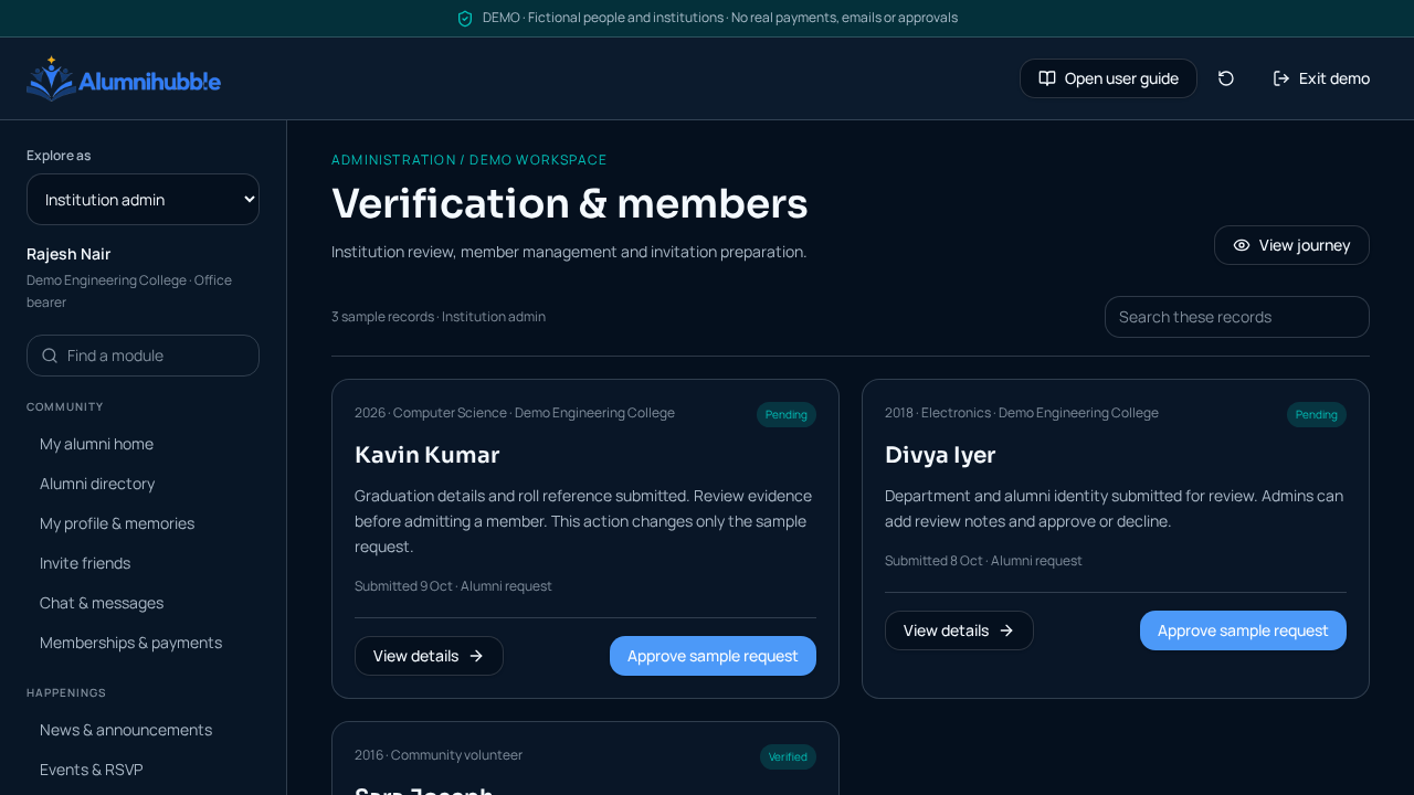 Institution admin demo verification queue with pending sample alumni requests