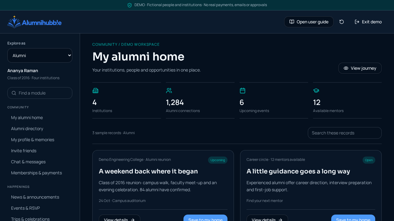Demo alumni home showing institution statistics, reunion and mentorship records
